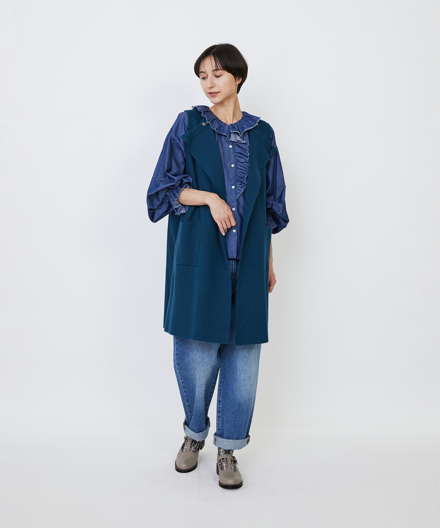 【LOISIR】｜2BUY10%OFF・3BUY20%OFF｜コットンダブルジャカードロングベスト 詳細画像 ブラック 2