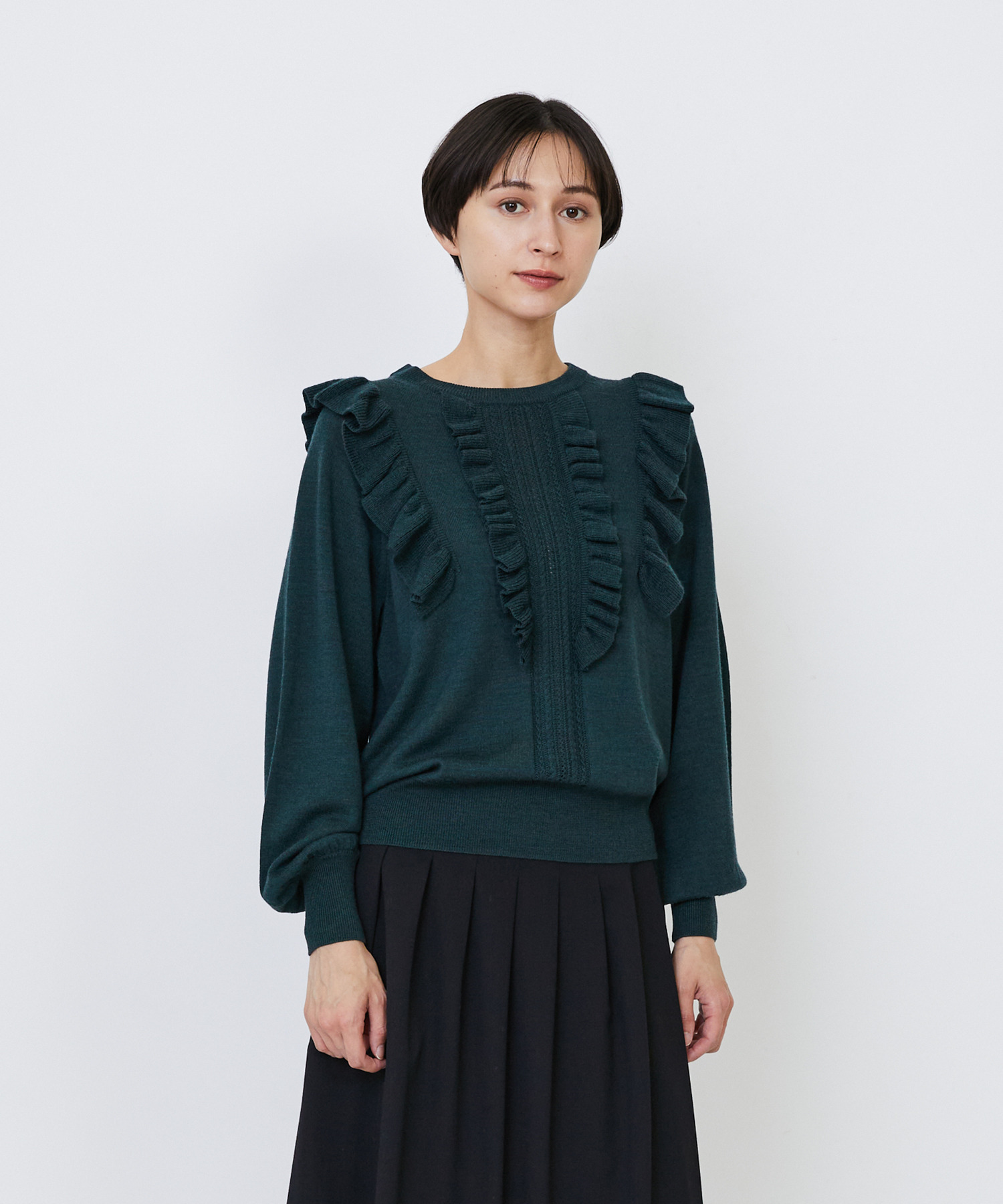 【LOISIR】｜2BUY10%OFF・3BUY20%OFF｜ウール梳毛天竺フリルプルオーバー 詳細画像 グリーン 1