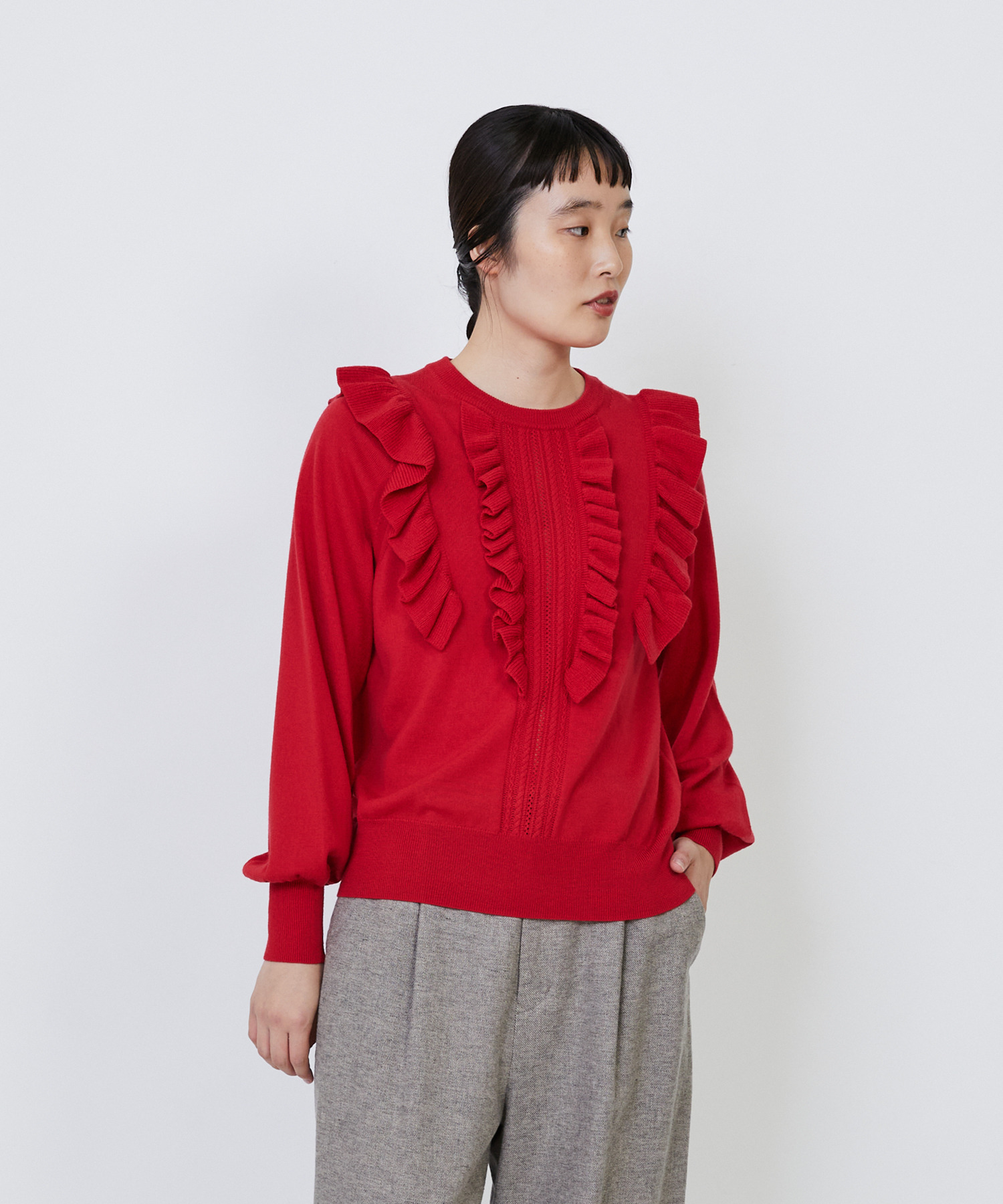 【LOISIR】｜2BUY10%OFF・3BUY20%OFF｜ウール梳毛天竺フリルプルオーバー 詳細画像 レッド 1