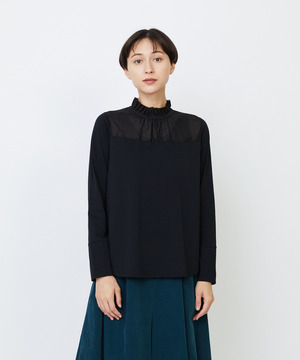 【LOISIR】｜2BUY10%OFF・3BUY20%OFF｜シルクコットンローン×ハイゲージ天竺カットソーブラウス 詳細画像 ブラック 1