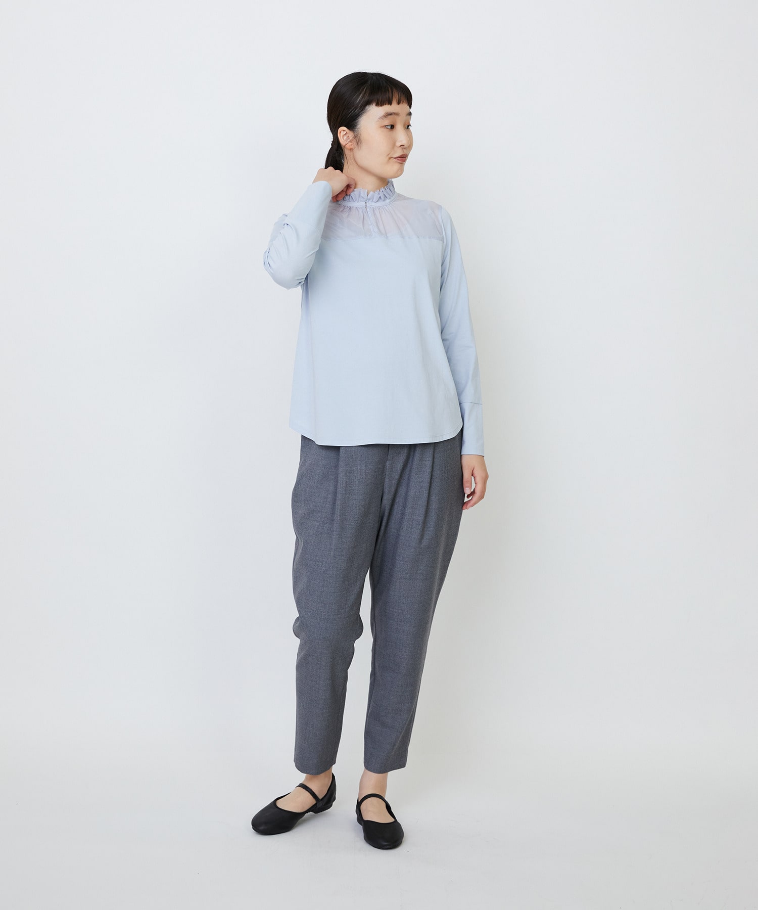 【LOISIR】｜2BUY10%OFF・3BUY20%OFF｜シルクコットンローン×ハイゲージ天竺カットソーブラウス 詳細画像 ブラック 10