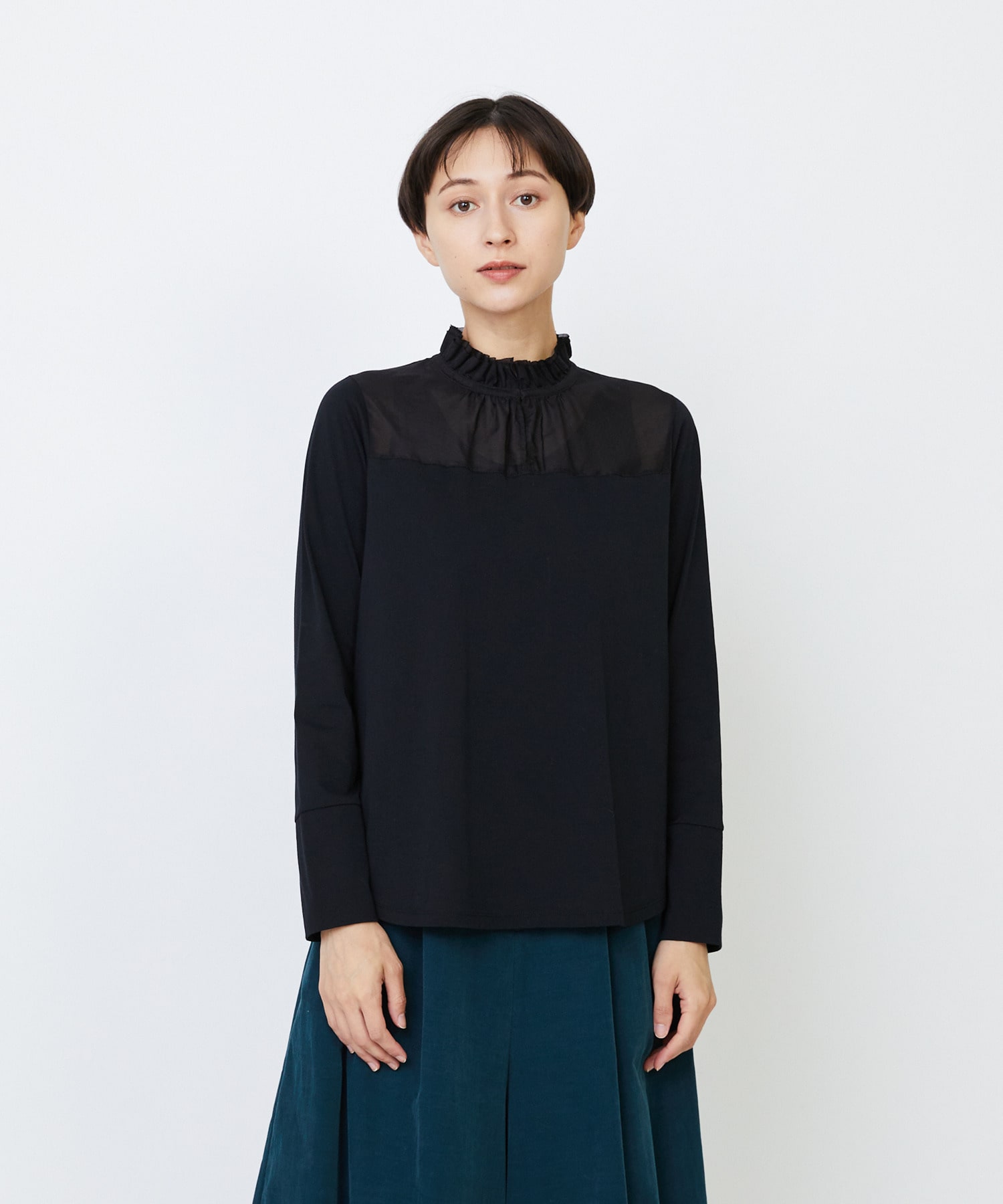 【LOISIR】｜2BUY10%OFF・3BUY20%OFF｜シルクコットンローン×ハイゲージ天竺カットソーブラウス 詳細画像 ブラック 1