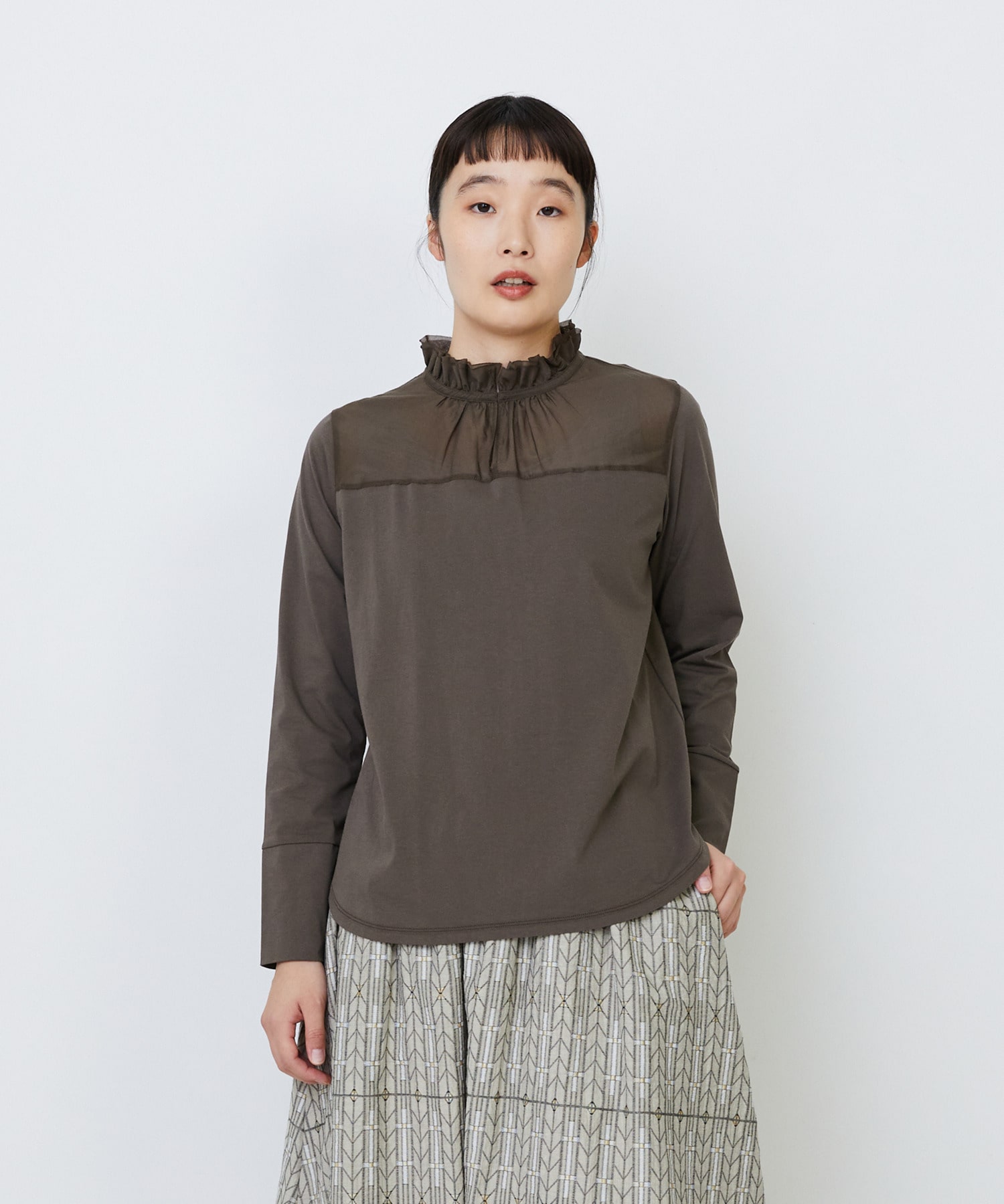 【LOISIR】｜2BUY10%OFF・3BUY20%OFF｜シルクコットンローン×ハイゲージ天竺カットソーブラウス 詳細画像 ブラウン 1