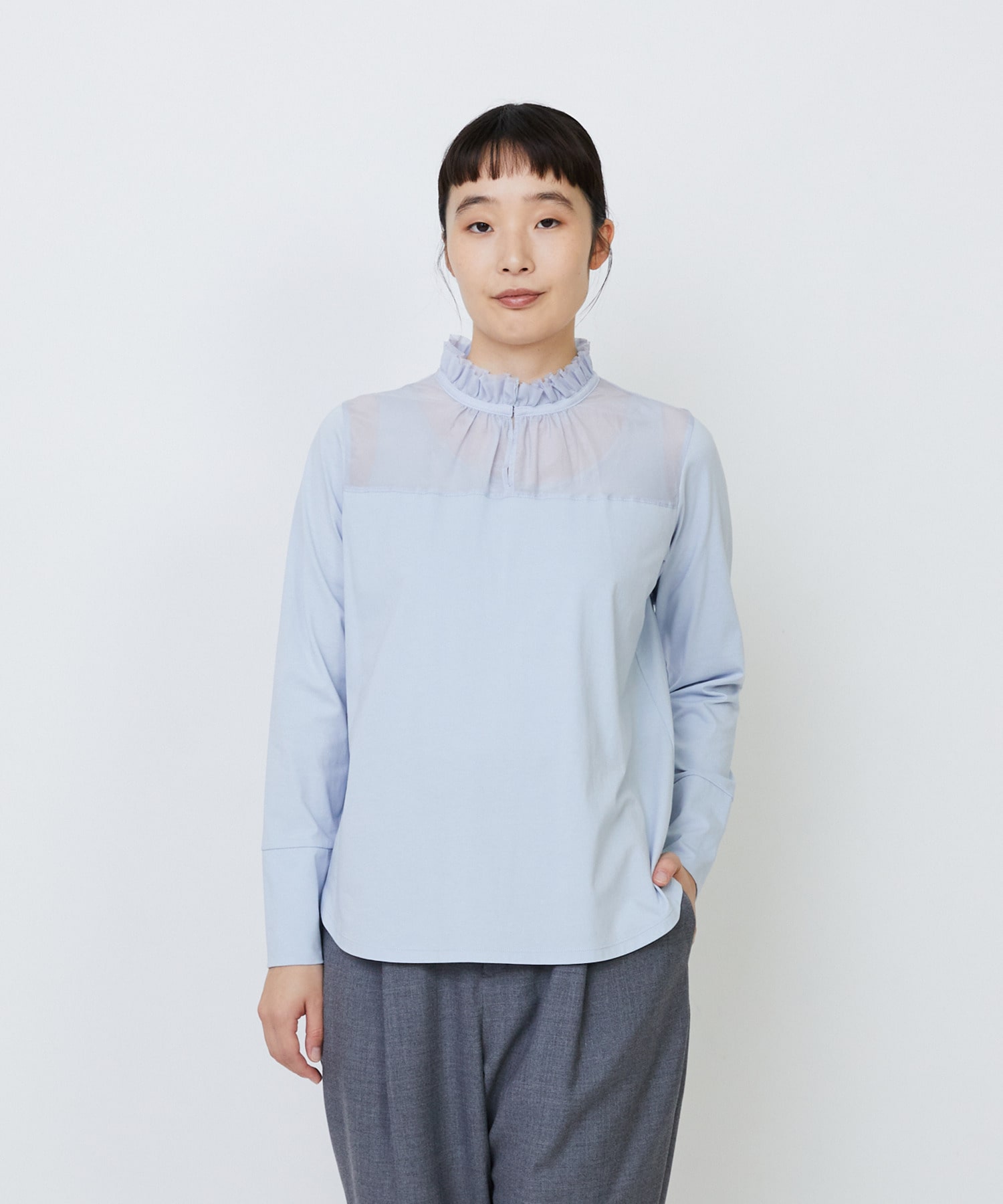 【LOISIR】｜2BUY10%OFF・3BUY20%OFF｜シルクコットンローン×ハイゲージ天竺カットソーブラウス 詳細画像 ブルー 1