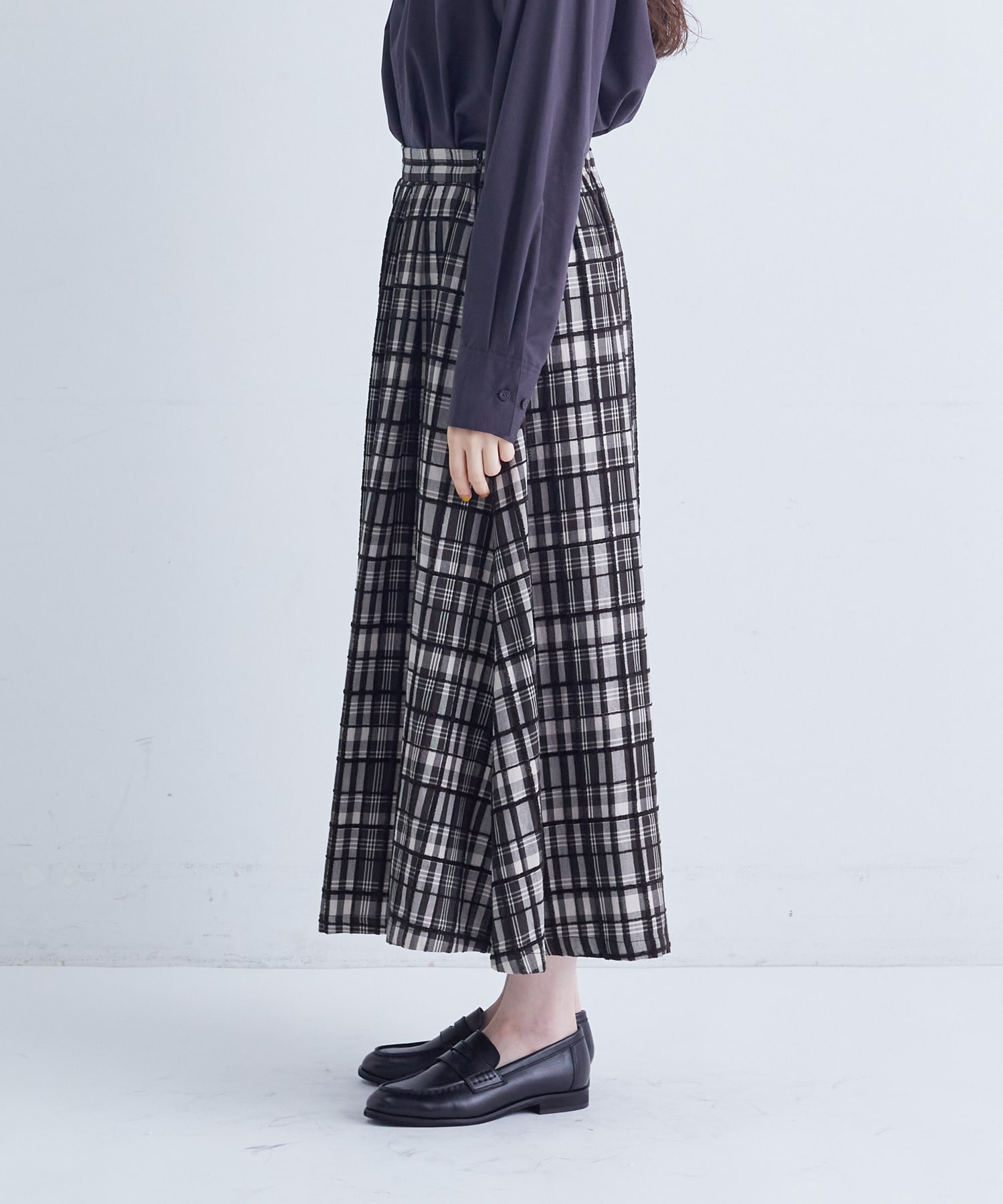 ラバットチェックスカート 接触冷感/洗える】ビックチェックタフタスカート(ミモレ丈