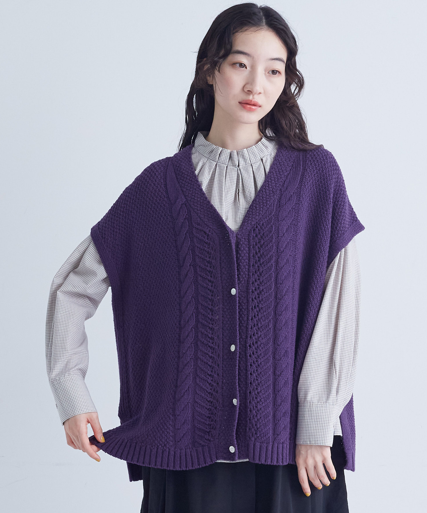 【congés payés】｜2BUY10%OFF・3BUY20%OFF｜綿リリヤーン縄柄前開きベスト 詳細画像 オートミール 15