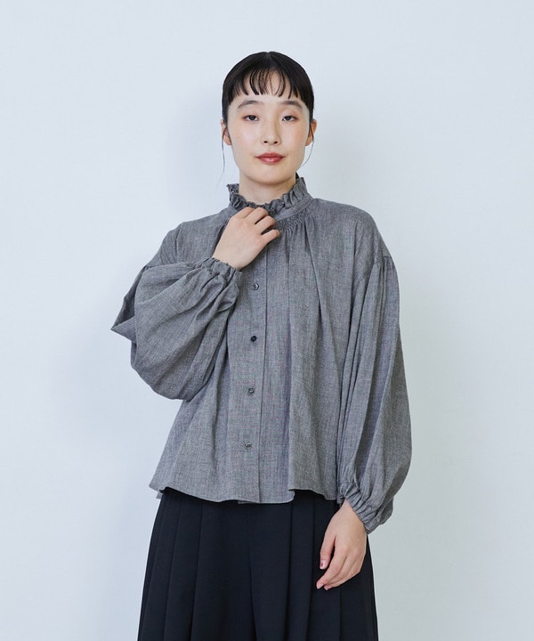 【LOISIR】リネンコットンヤクローンフリルカラーブラウス
