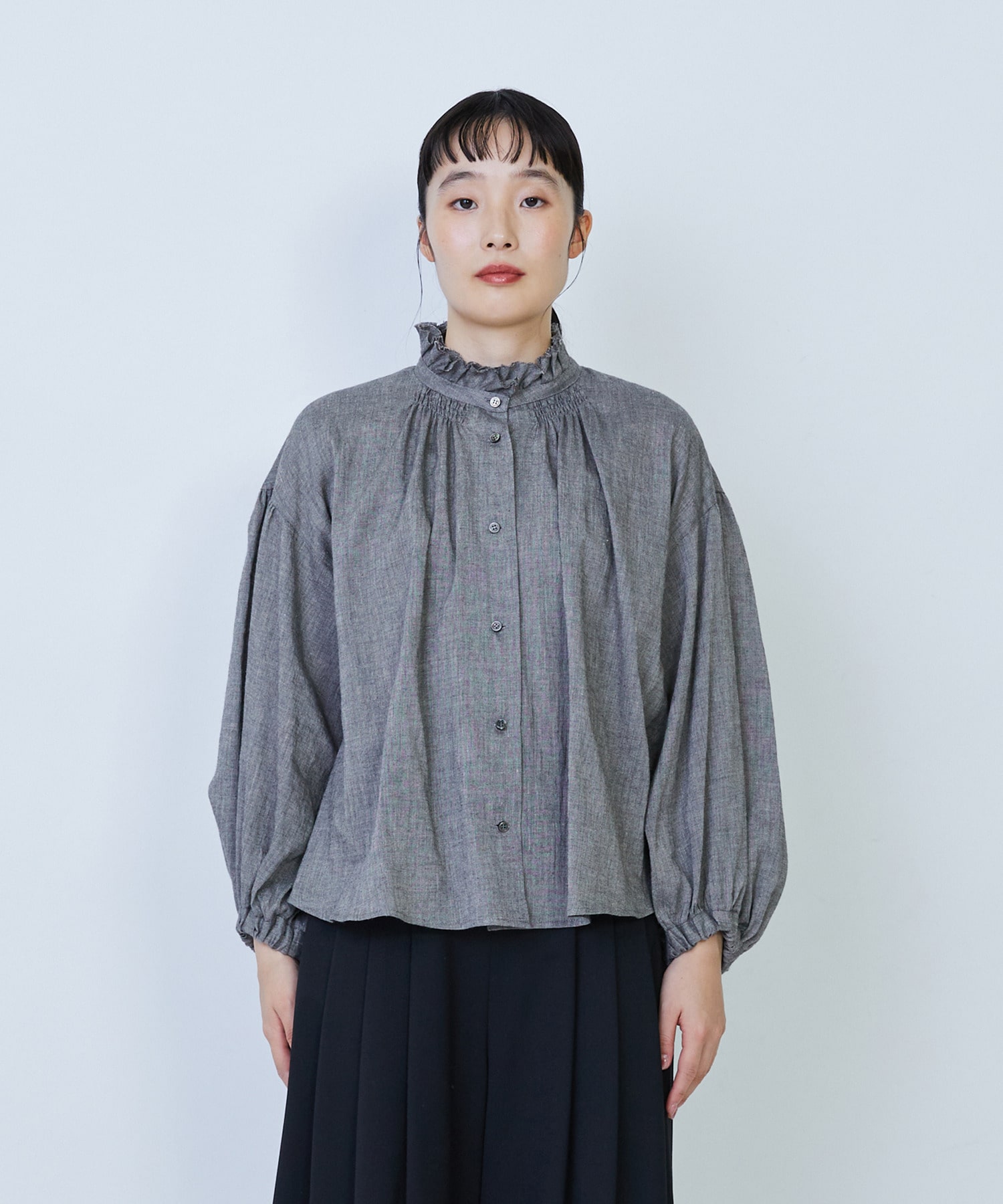 【LOISIR】リネンコットンヤクローンフリルカラーブラウス 詳細画像 グレー 4