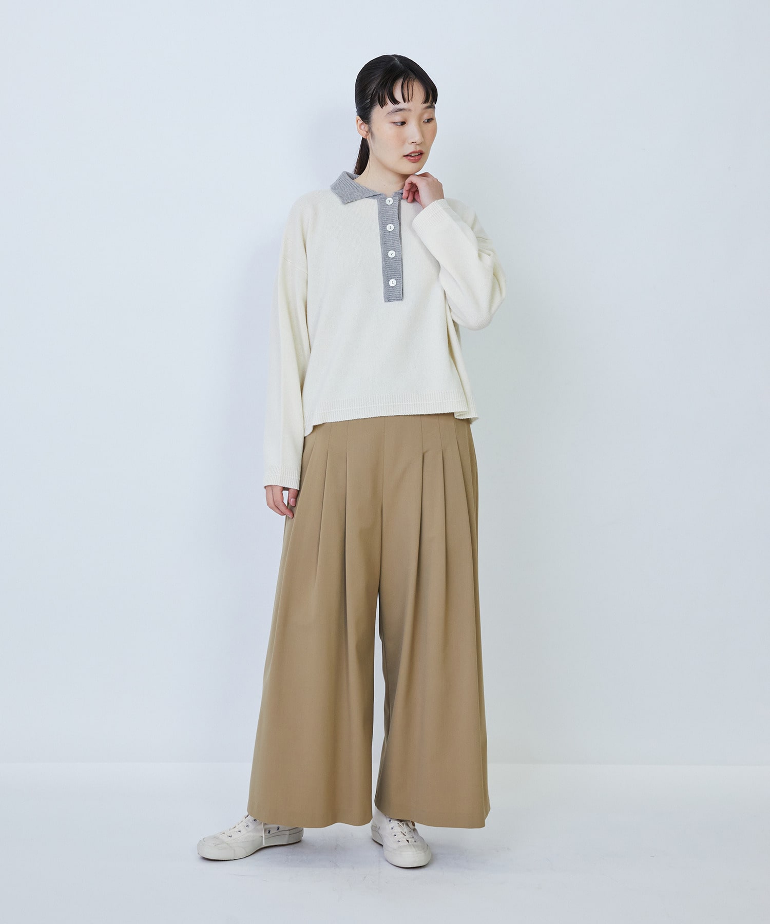 【LOISIR】ウール混ギャバワイドパンツ 詳細画像 ブラック 1