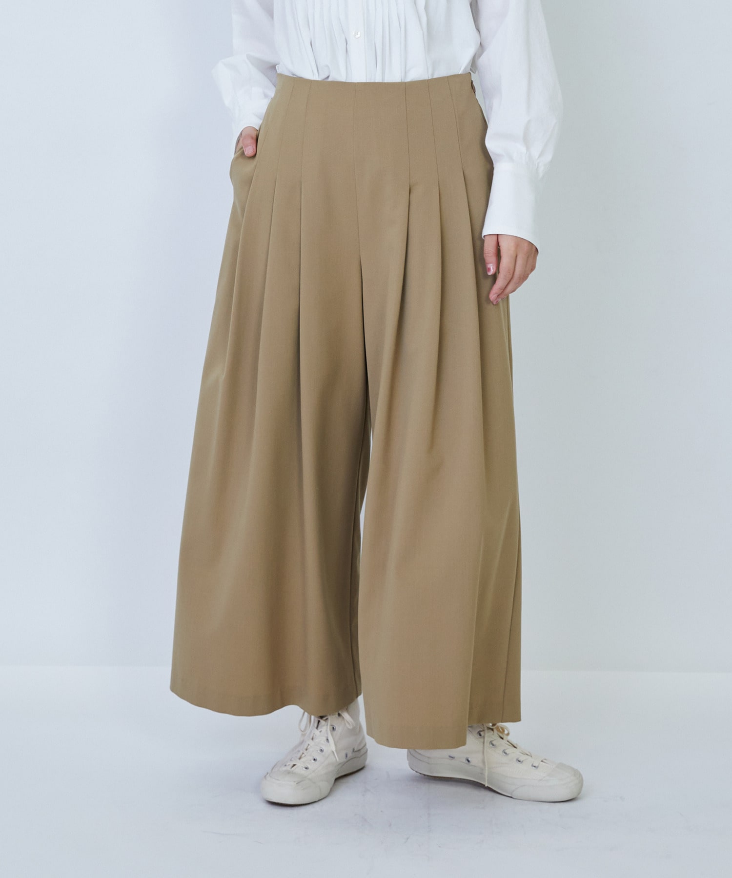 【LOISIR】ウール混ギャバワイドパンツ 詳細画像 ベージュ 1
