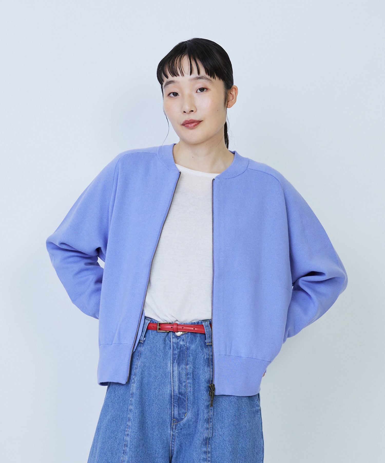 【LOISIR】コットン接結編みニットブルゾン 詳細画像 ブルー 1