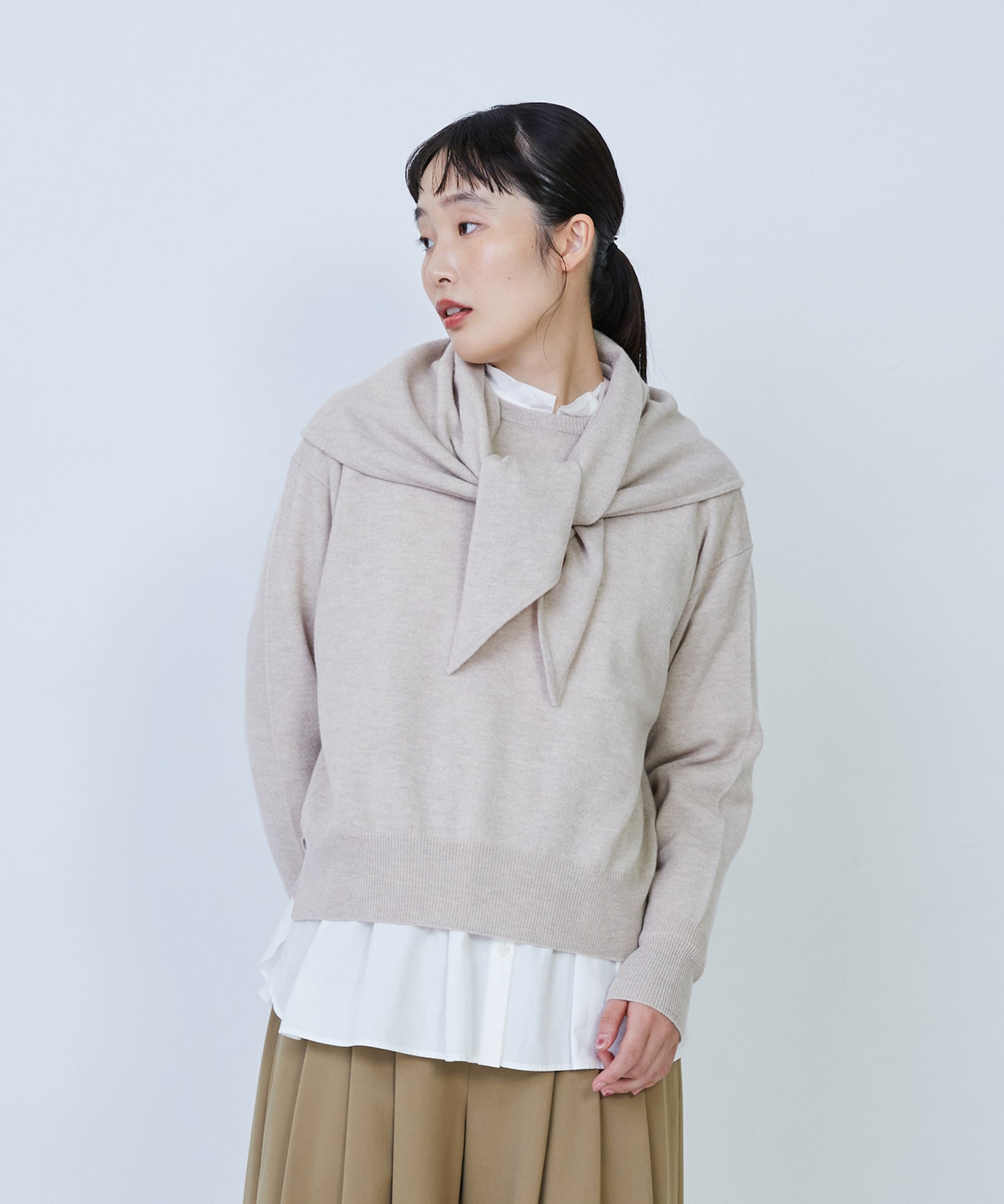 【LOISIR】ウール天竺ストール付きプルオーバー 詳細画像 ベージュ 1