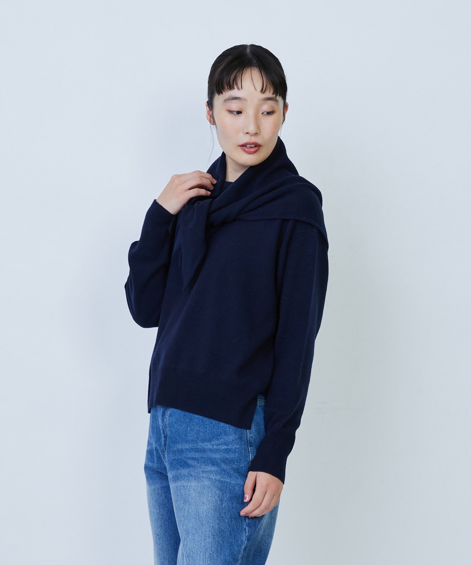 【LOISIR】ウール天竺ストール付きプルオーバー 詳細画像 ネイビー 1