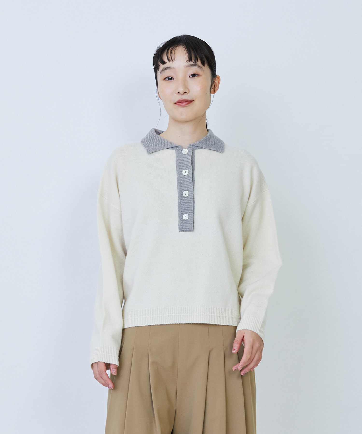 【LOISIR】ウール天竺ポロニット 詳細画像 オフホワイト 1