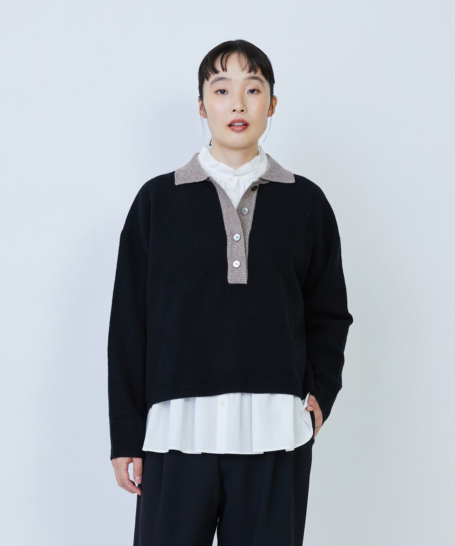 【LOISIR】ウール天竺ポロニット 詳細画像 ブラック 1