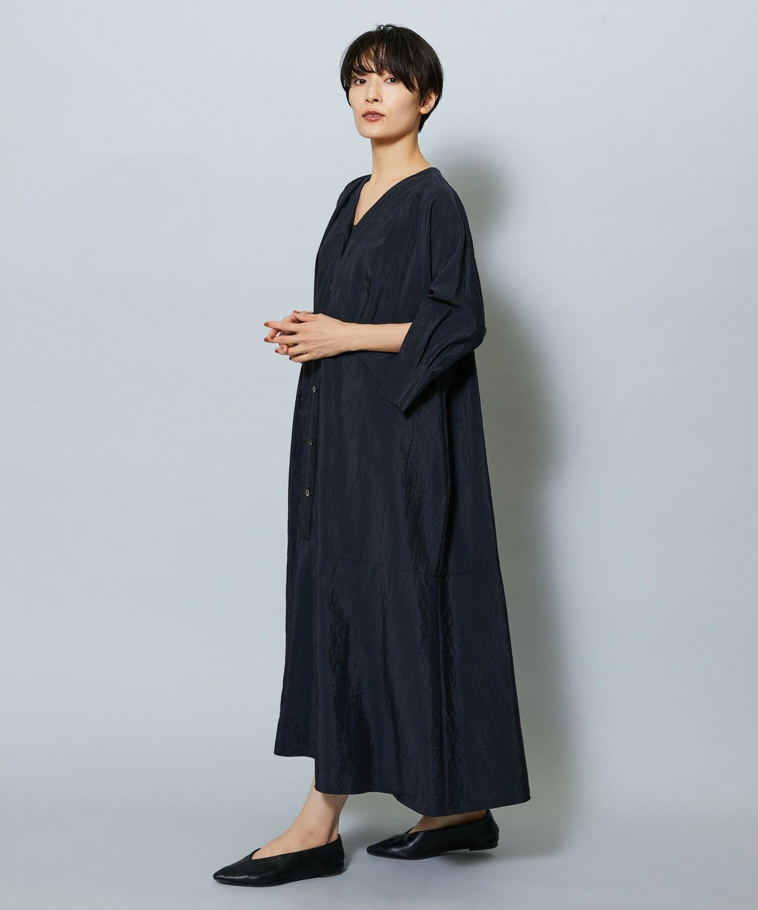 【MOGA】ナイロンクロスVネックワンピース 詳細画像 ブラック 3