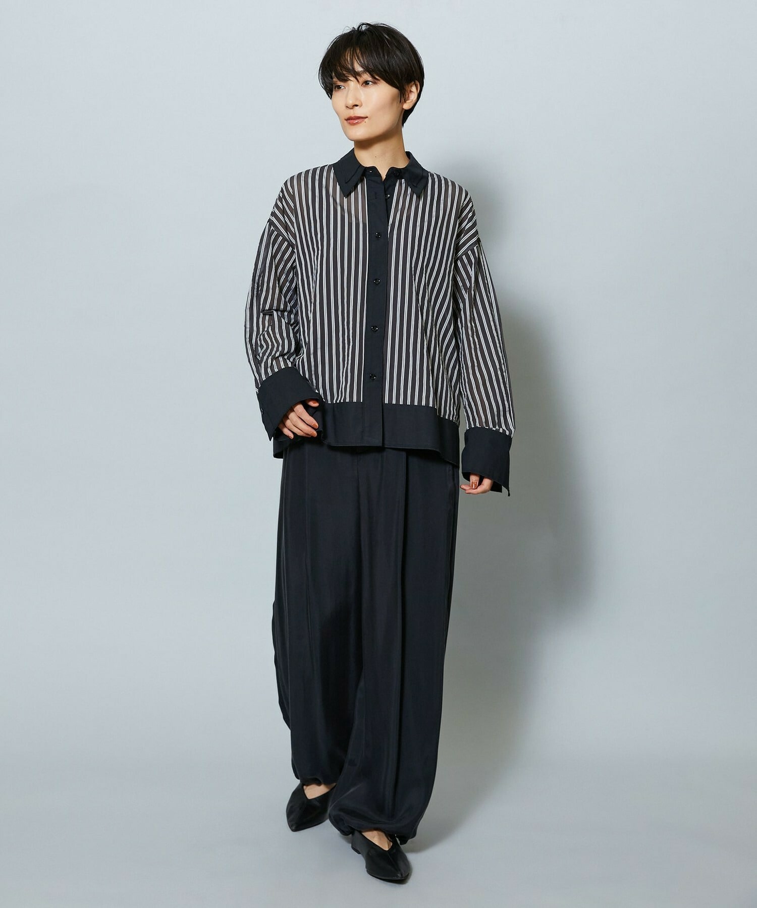 【MOGA】シアーメモリーストライプシャツブラウス 詳細画像 ブラック 10