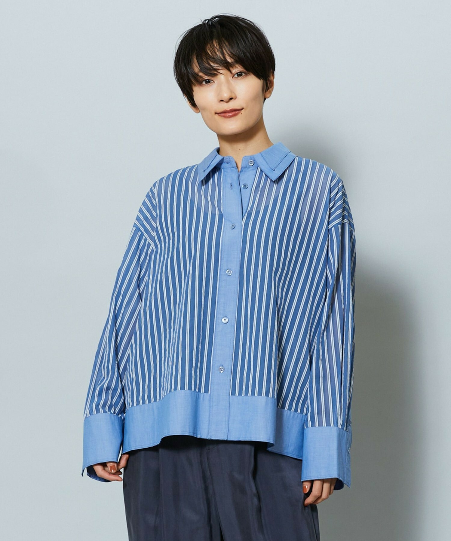 【MOGA】シアーメモリーストライプシャツブラウス 詳細画像 サックスブルー 1