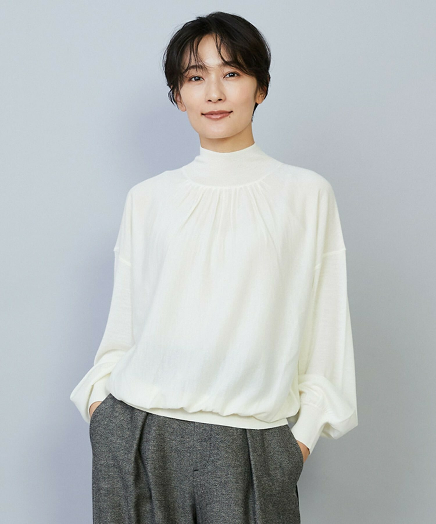 【MOGA】TOPAZギャザーパフスリーブニット 詳細画像 オフホワイト 1