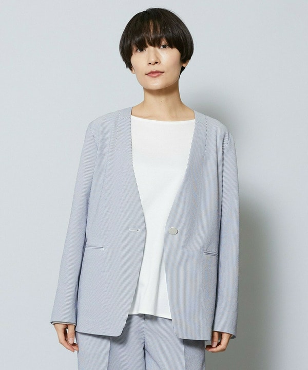 【Lサイズ】ストレッチサッカーストライプノーカラージャケット 詳細画像 オフホワイト 2