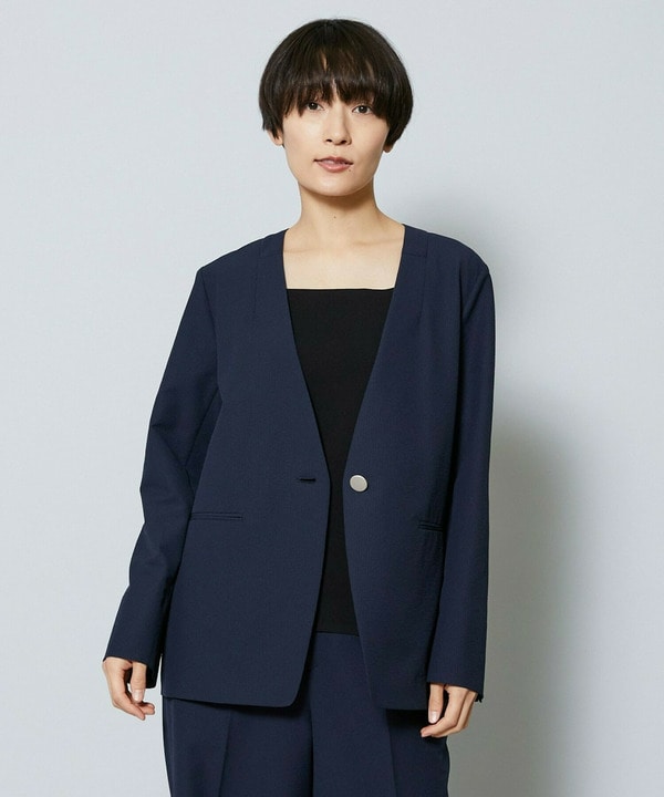 【Lサイズ】ストレッチサッカーストライプノーカラージャケット 詳細画像 ネイビー 2