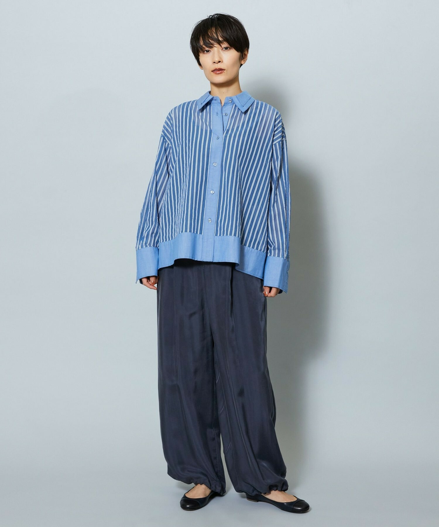 【MOGA】【Lサイズ】シアーメモリーストライプシャツブラウス 詳細画像 サックスブルー 16