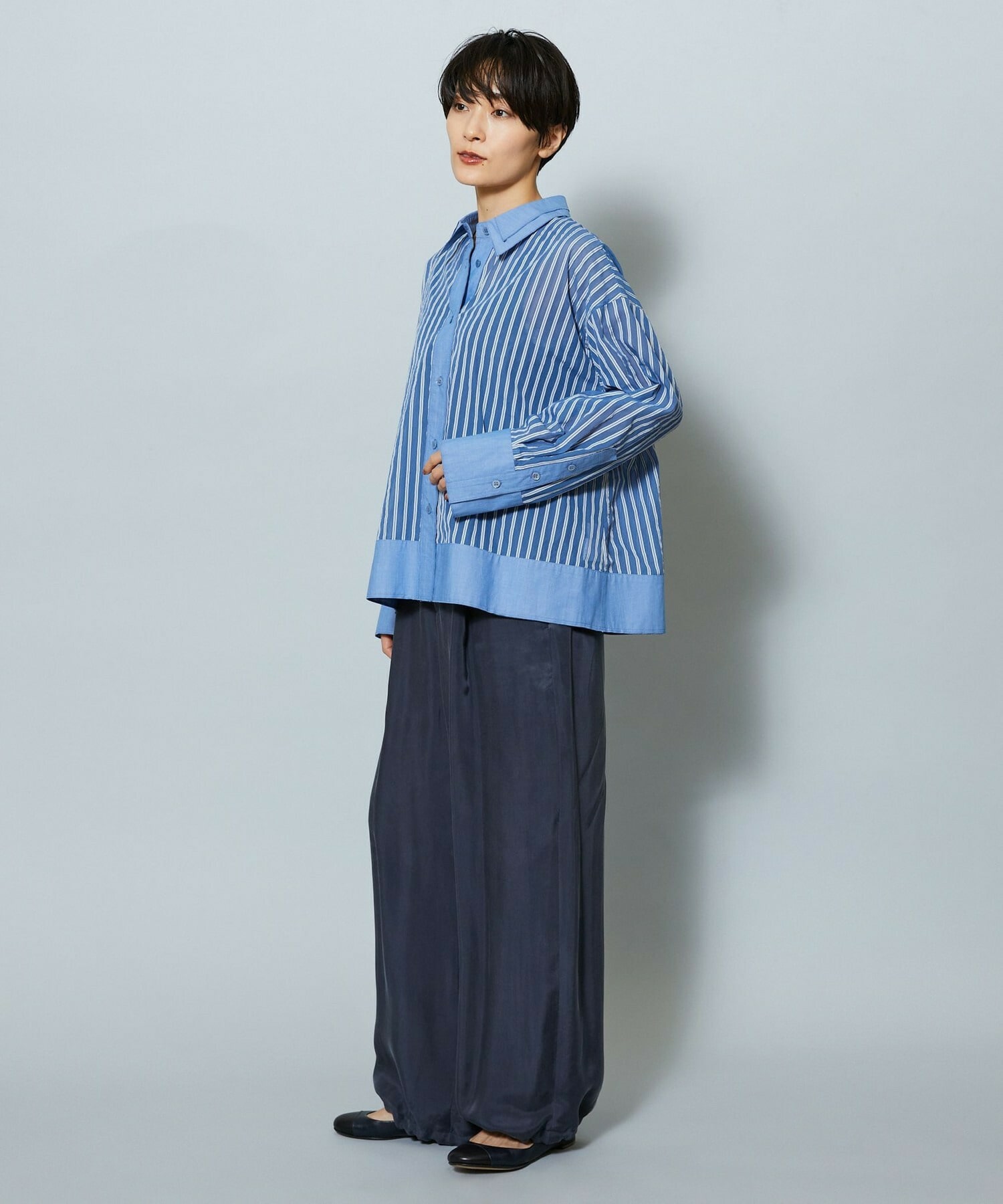 【MOGA】【Lサイズ】シアーメモリーストライプシャツブラウス 詳細画像 サックスブルー 19