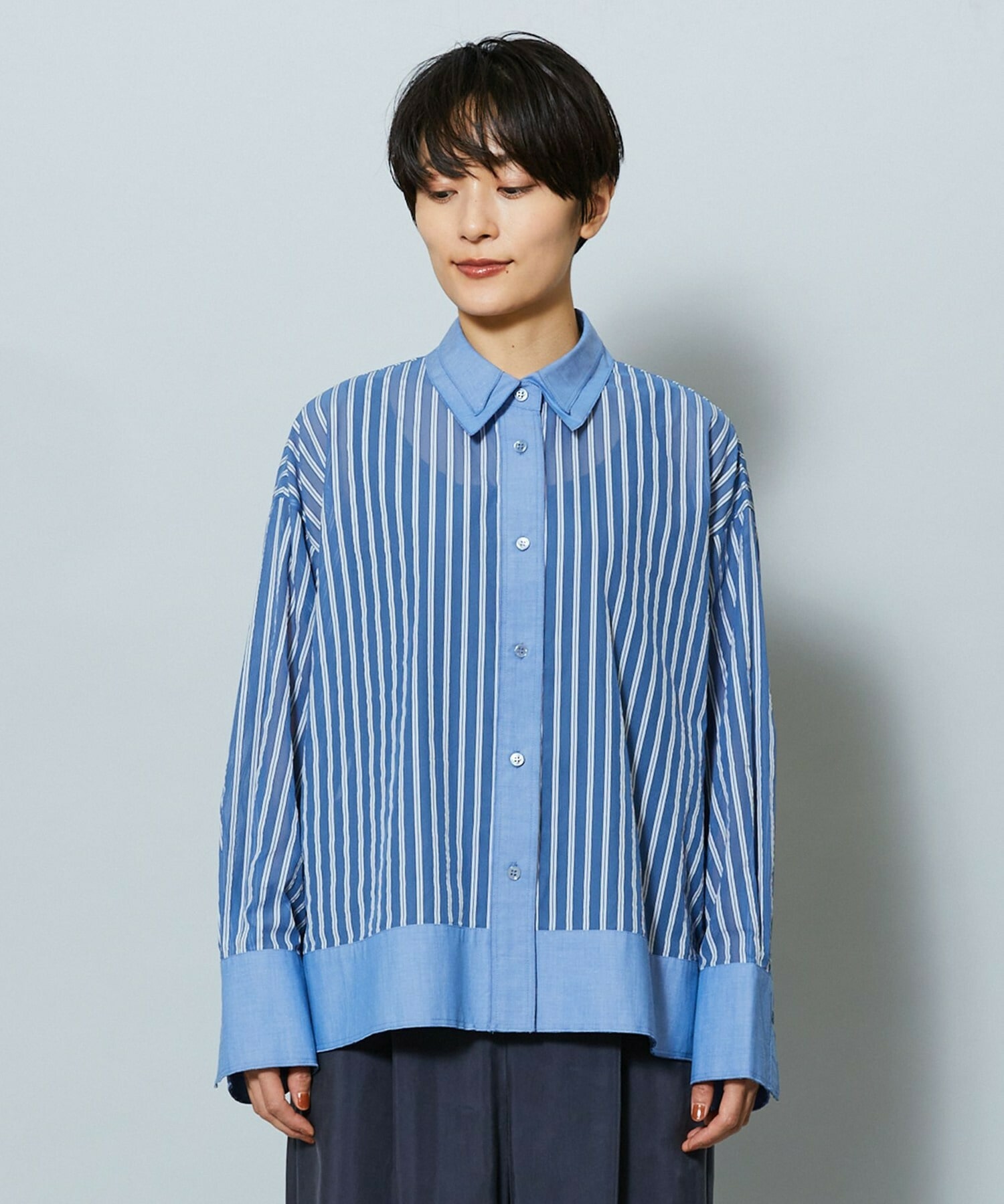 【MOGA】【Lサイズ】シアーメモリーストライプシャツブラウス 詳細画像 サックスブルー 24