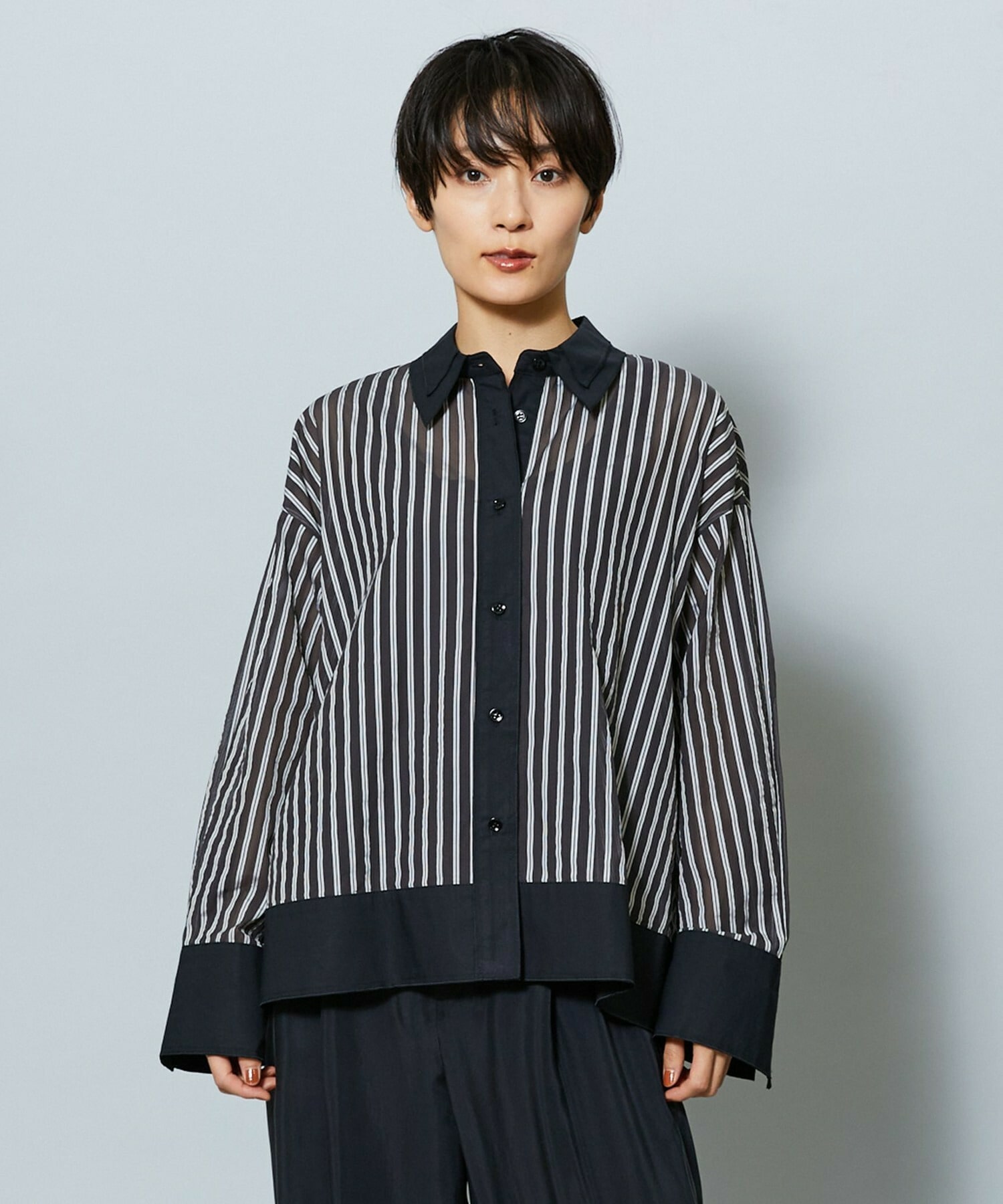 【MOGA】【Lサイズ】シアーメモリーストライプシャツブラウス 詳細画像 ブラック 2