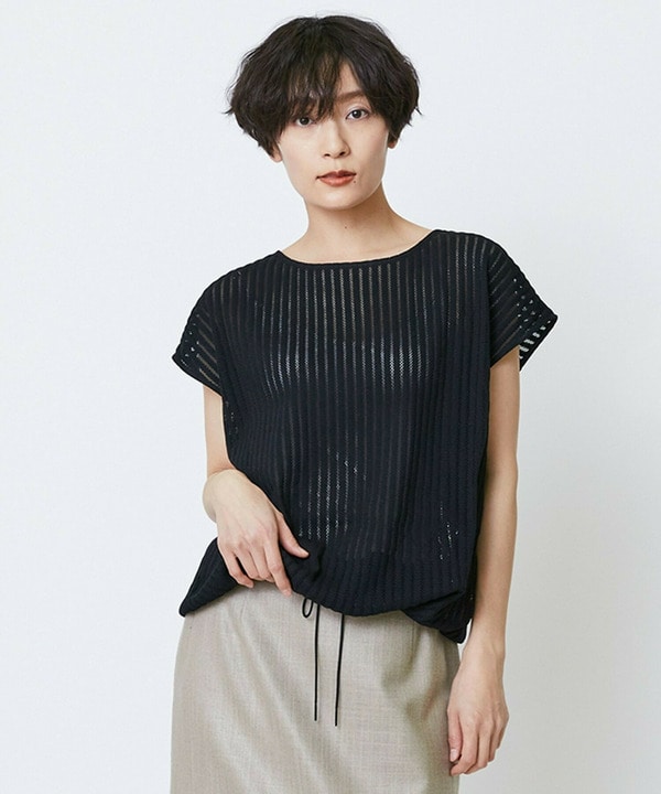 【Lサイズ】feerique ラッセルメッシュストライププルオーバー 詳細画像 ブラック 2