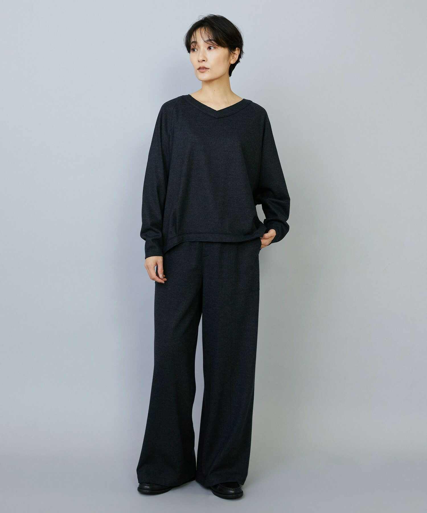 【MOGA】【Lサイズ】ミルド天竺Vネックトップス 詳細画像 チャコールグレー 6