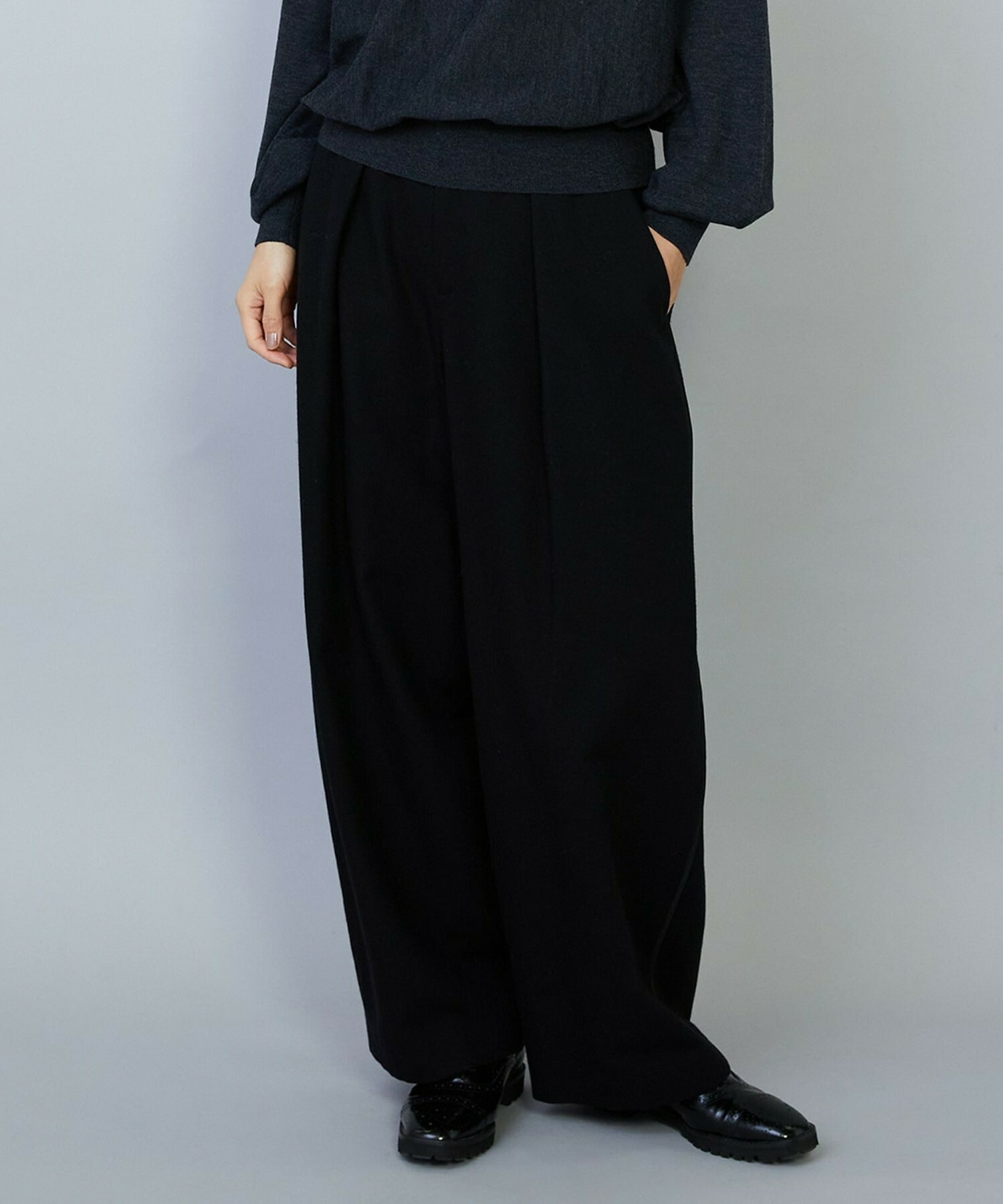 【MOGA】【Lサイズ】ウールリネンツイルバレルワイドパンツ 詳細画像 ブラック 2