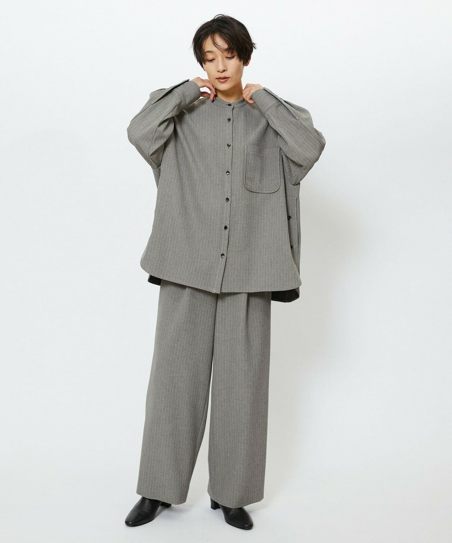 【feerique】【Lサイズ】feerique ウールライクストライプオーバーサイズシャツ 詳細画像 ブラウン 18