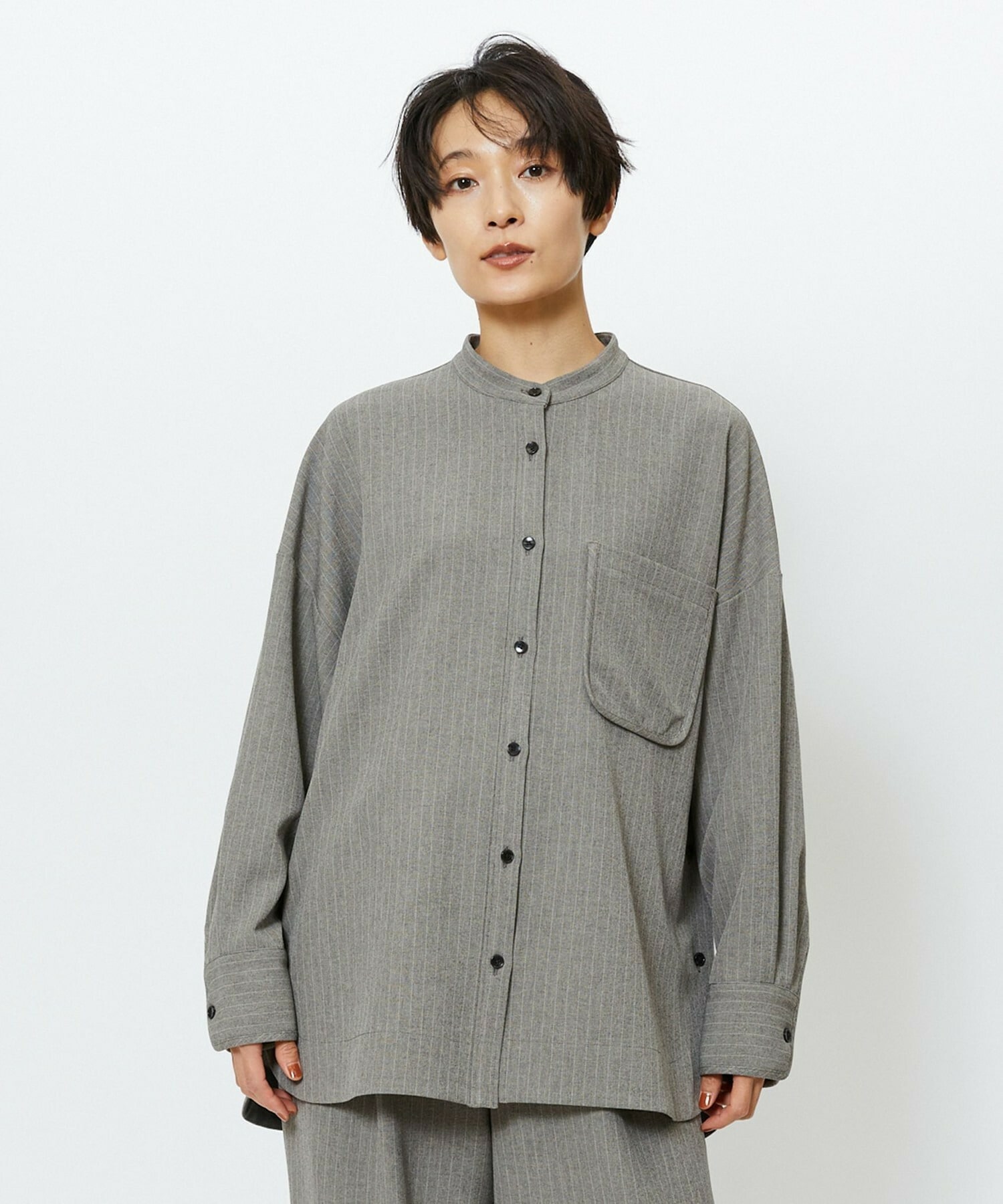 【feerique】【Lサイズ】feerique ウールライクストライプオーバーサイズシャツ 詳細画像 ブラウン 2