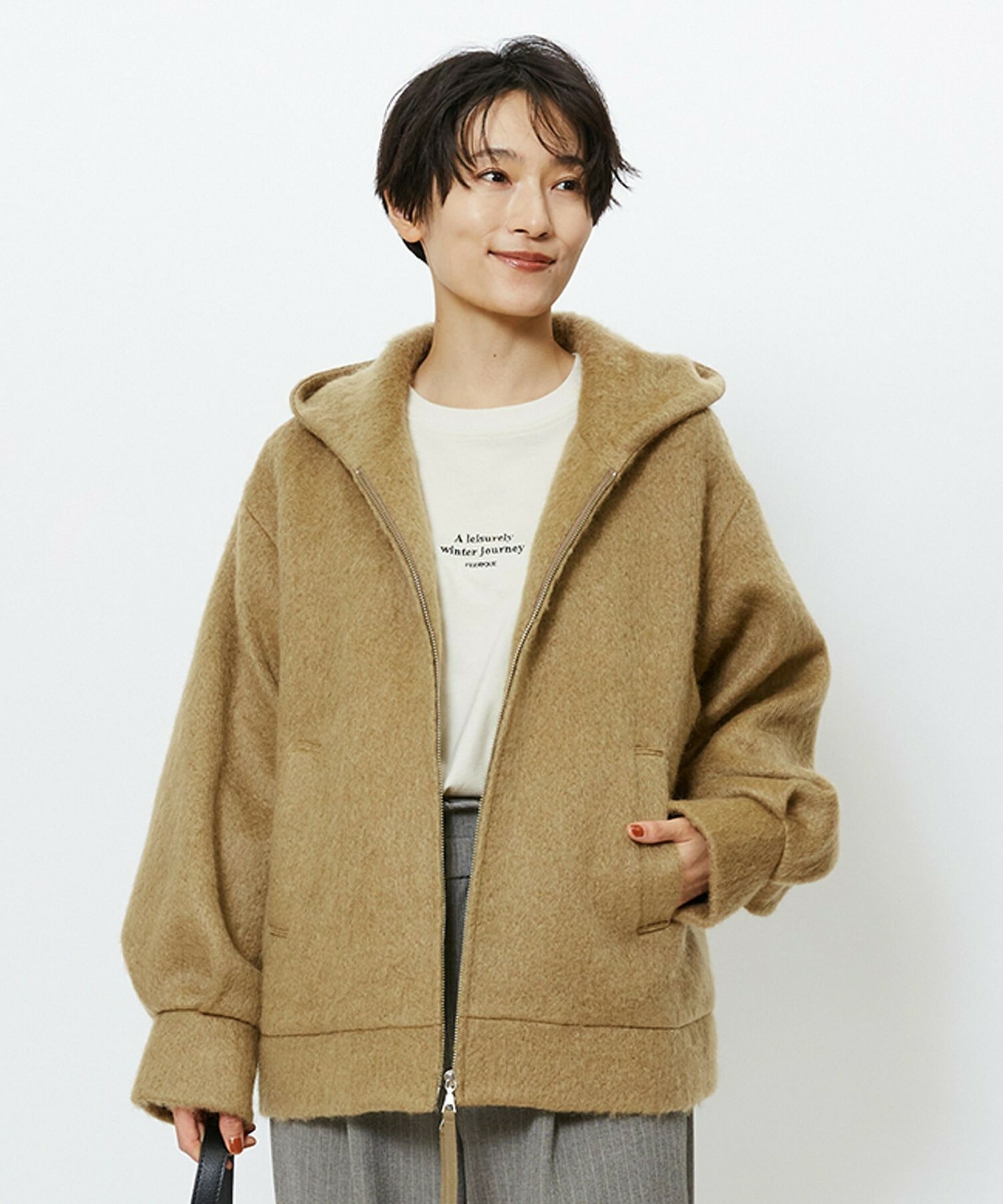 【feerique】【Lサイズ】feerique モヘアシャギーフードブルゾン 詳細画像 キャメル 2