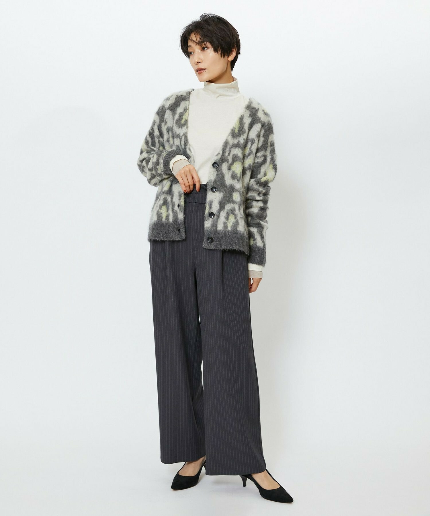 【feerique】【Lサイズ】feerique ウールライクストライプワイドパンツ 詳細画像 チャコールグレー 7