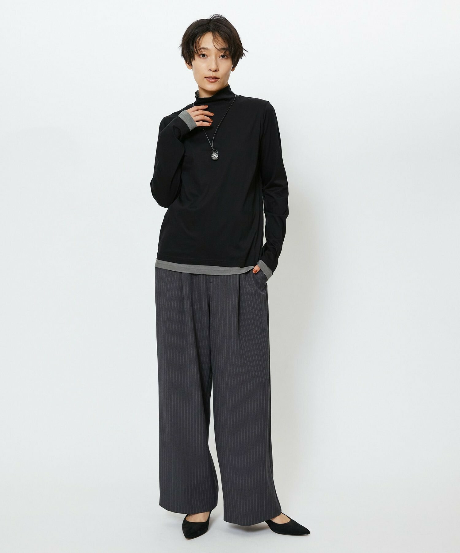 【feerique】【Lサイズ】feerique シアー天竺配色ハイネックプルオーバー 詳細画像 ブラック系その他 13