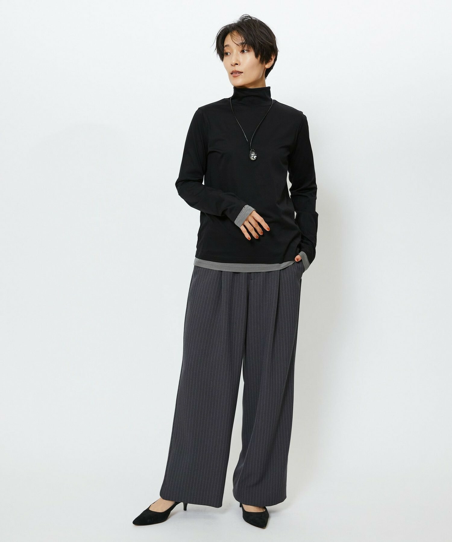 【feerique】【Lサイズ】feerique シアー天竺配色ハイネックプルオーバー 詳細画像 ブラック系その他 14