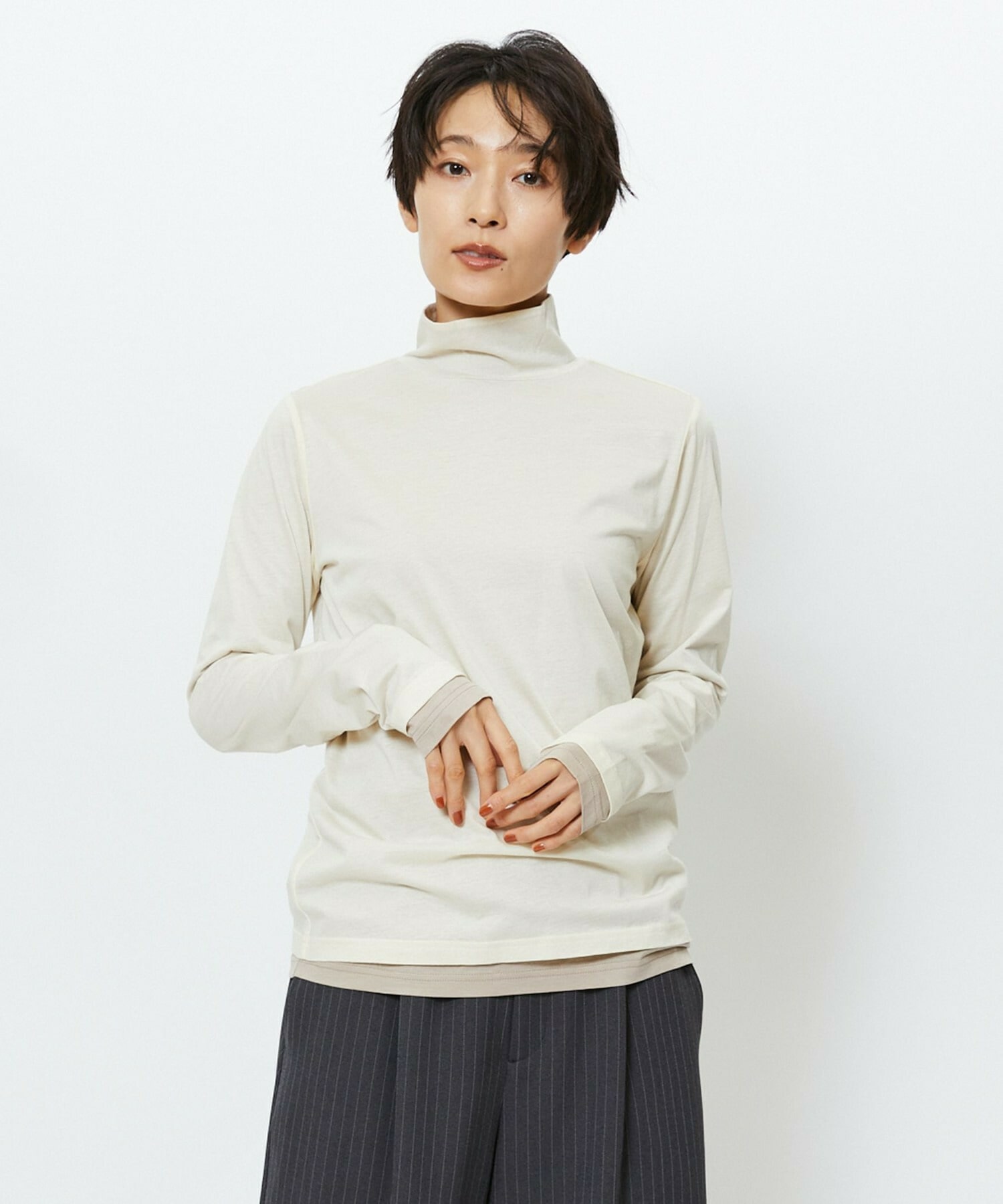 【feerique】【Lサイズ】feerique シアー天竺配色ハイネックプルオーバー 詳細画像 ホワイト系その他 2