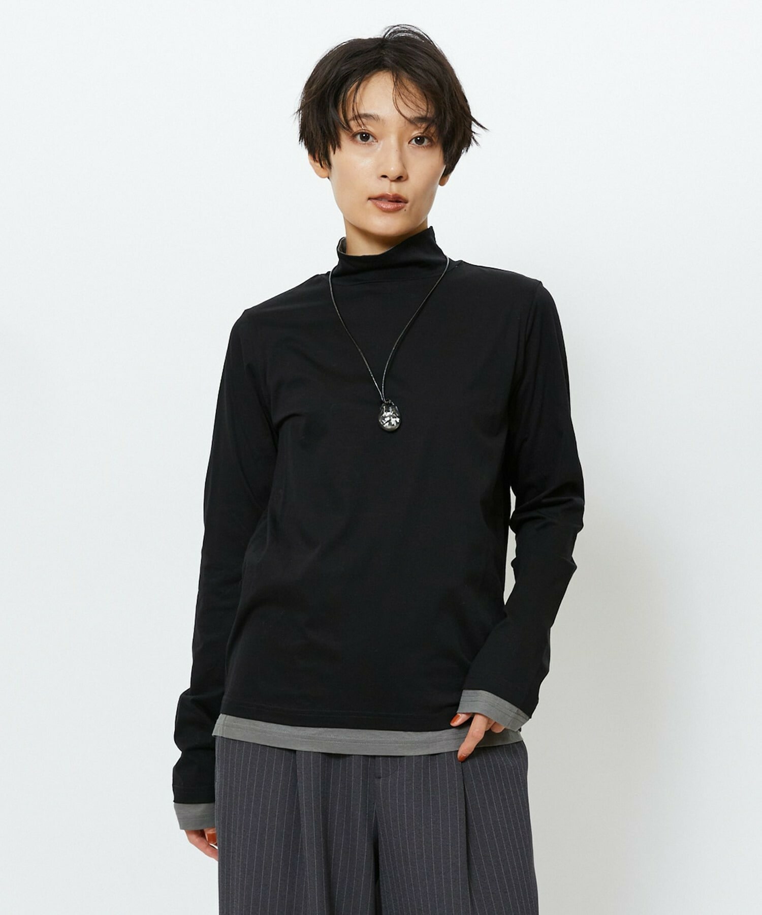 【feerique】【Lサイズ】feerique シアー天竺配色ハイネックプルオーバー 詳細画像 ブラック系その他 2