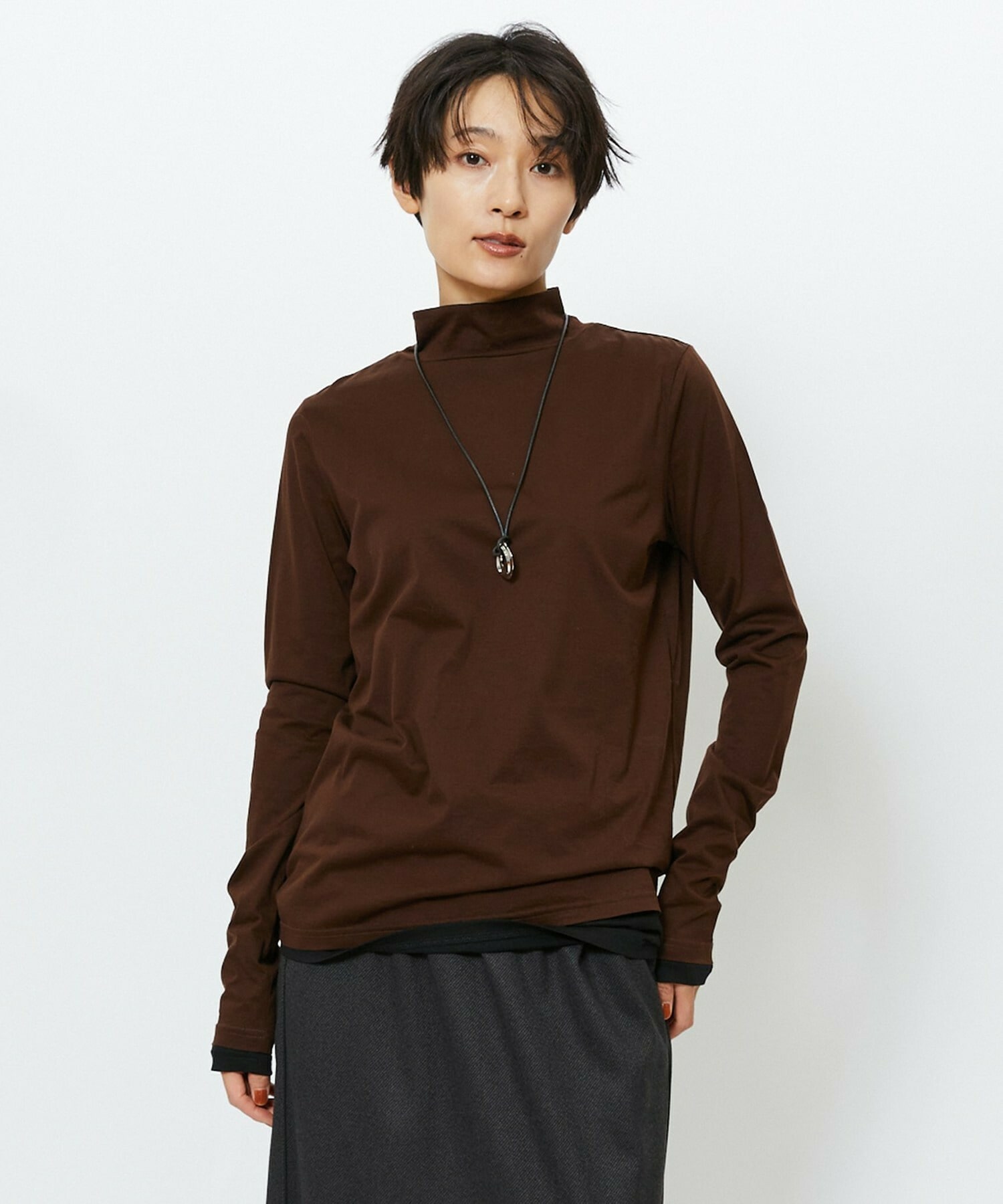 【feerique】【Lサイズ】feerique シアー天竺配色ハイネックプルオーバー 詳細画像 ブラウン系その他 2