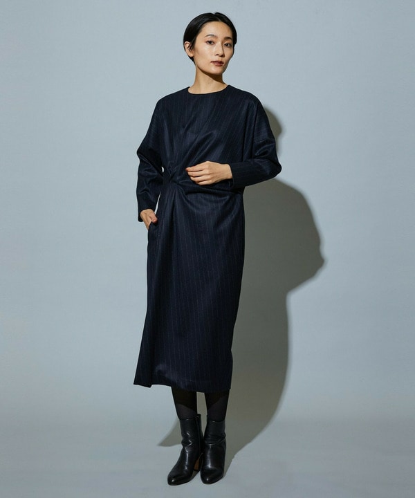 【Lサイズ】スタイリスト戸野塚かおるコラボ チョークストライプストレッチワンピース 詳細画像 ネイビー 3