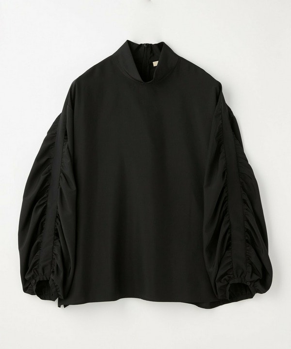 【Lサイズ】スタイリスト戸野塚かおるコラボ シルキー羽二重ギャザーシャーリングブラウス 詳細画像 ブラック 1