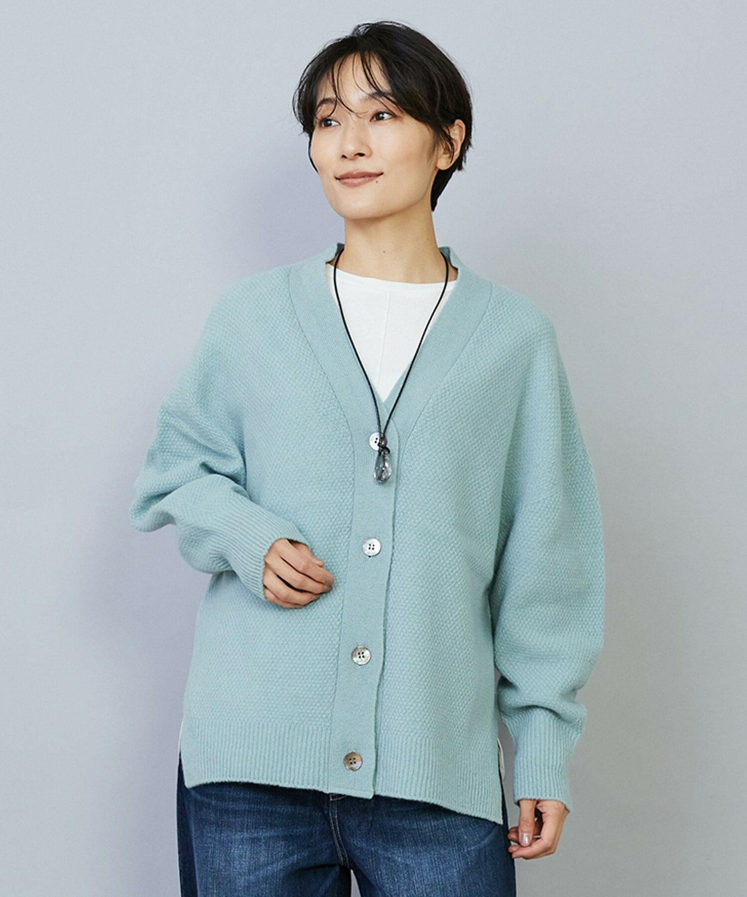 【MOGA】クーマラム鹿の子編みVネックカーディガン 詳細画像 グリーン系その他 1