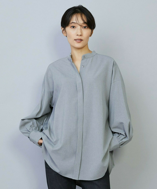 【Lサイズ】トロストレッチバンドカラーブラウス 詳細画像 ライトグレー 2