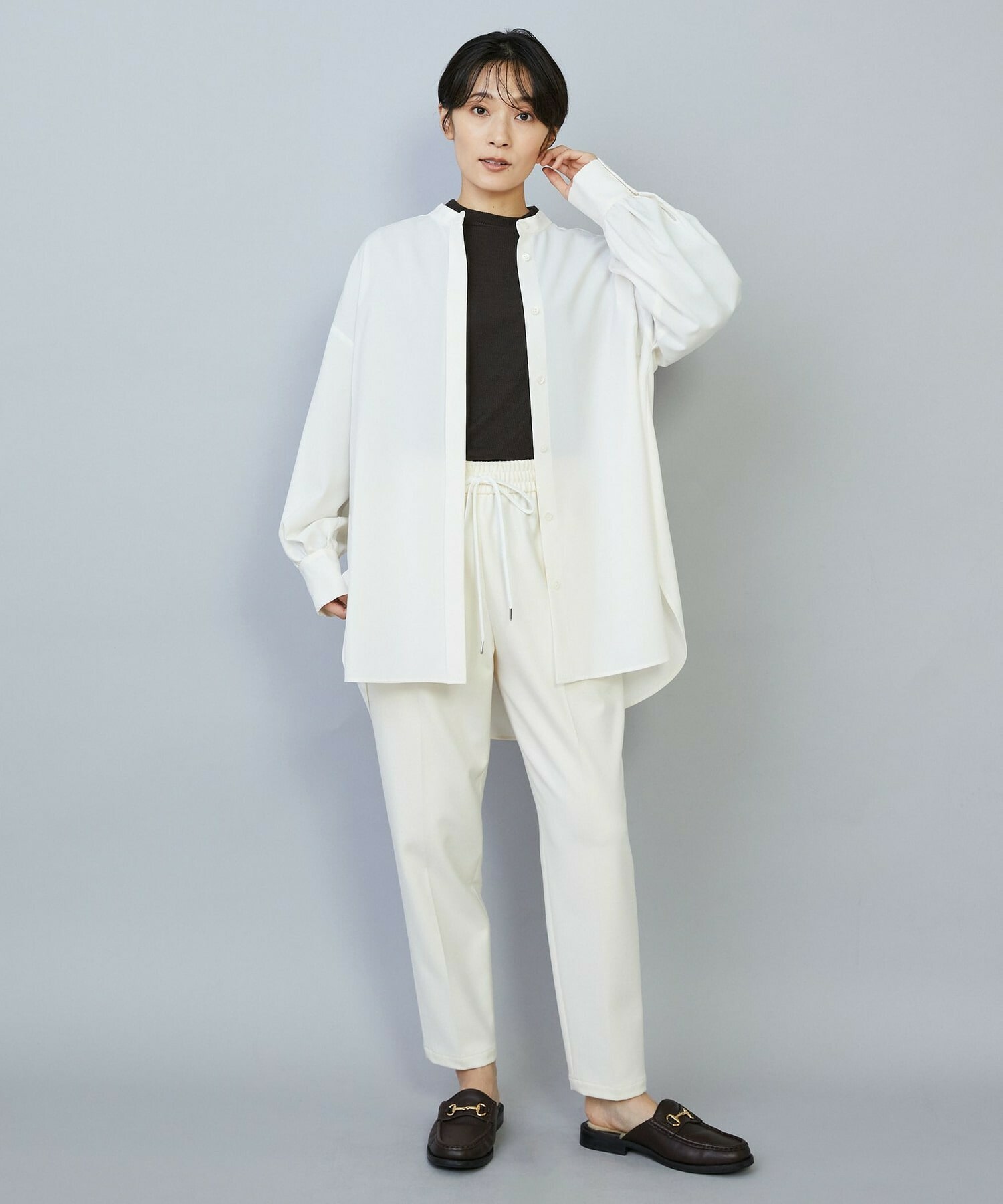 【MOGA】【Lサイズ】トロストレッチバンドカラーブラウス 詳細画像 ネイビー 1