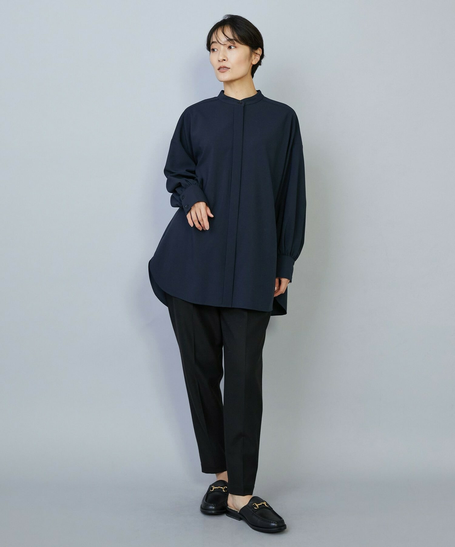 【MOGA】【Lサイズ】トロストレッチバンドカラーブラウス 詳細画像 ネイビー 15