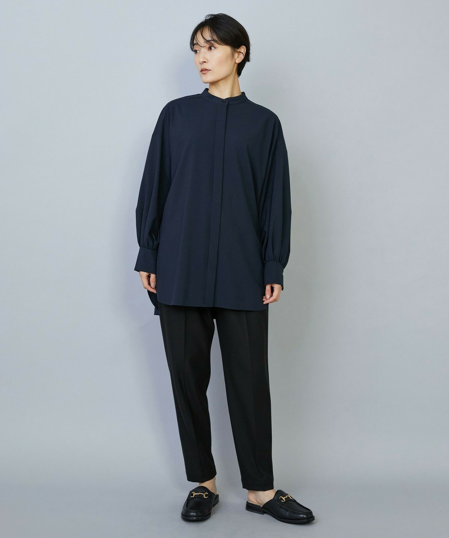 【MOGA】【Lサイズ】トロストレッチバンドカラーブラウス 詳細画像 ネイビー 16