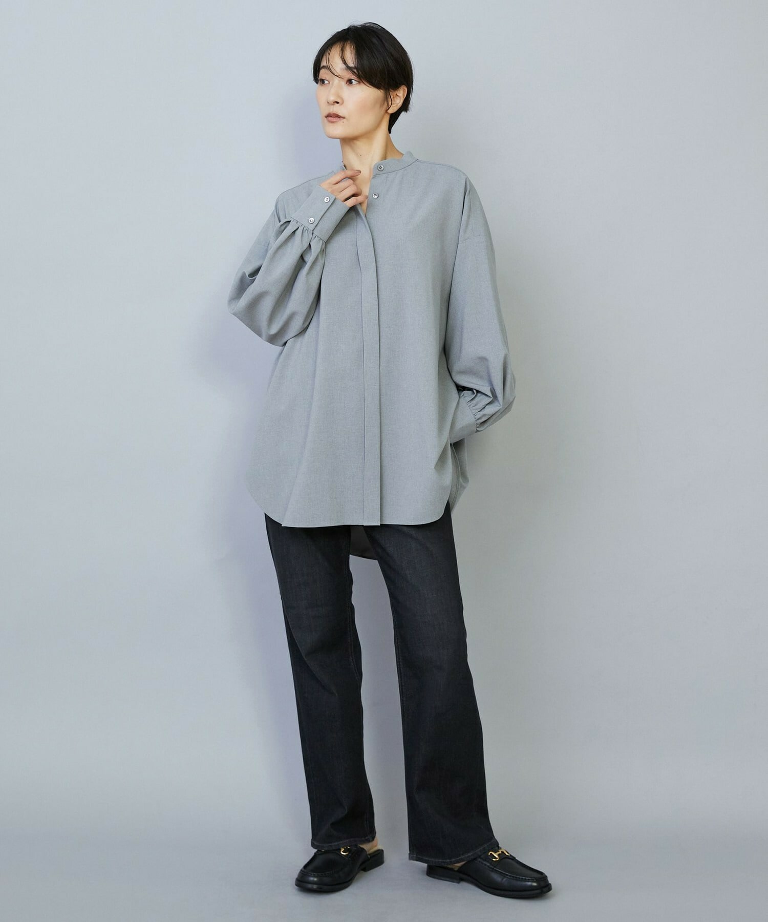 【MOGA】【Lサイズ】トロストレッチバンドカラーブラウス 詳細画像 ネイビー 8