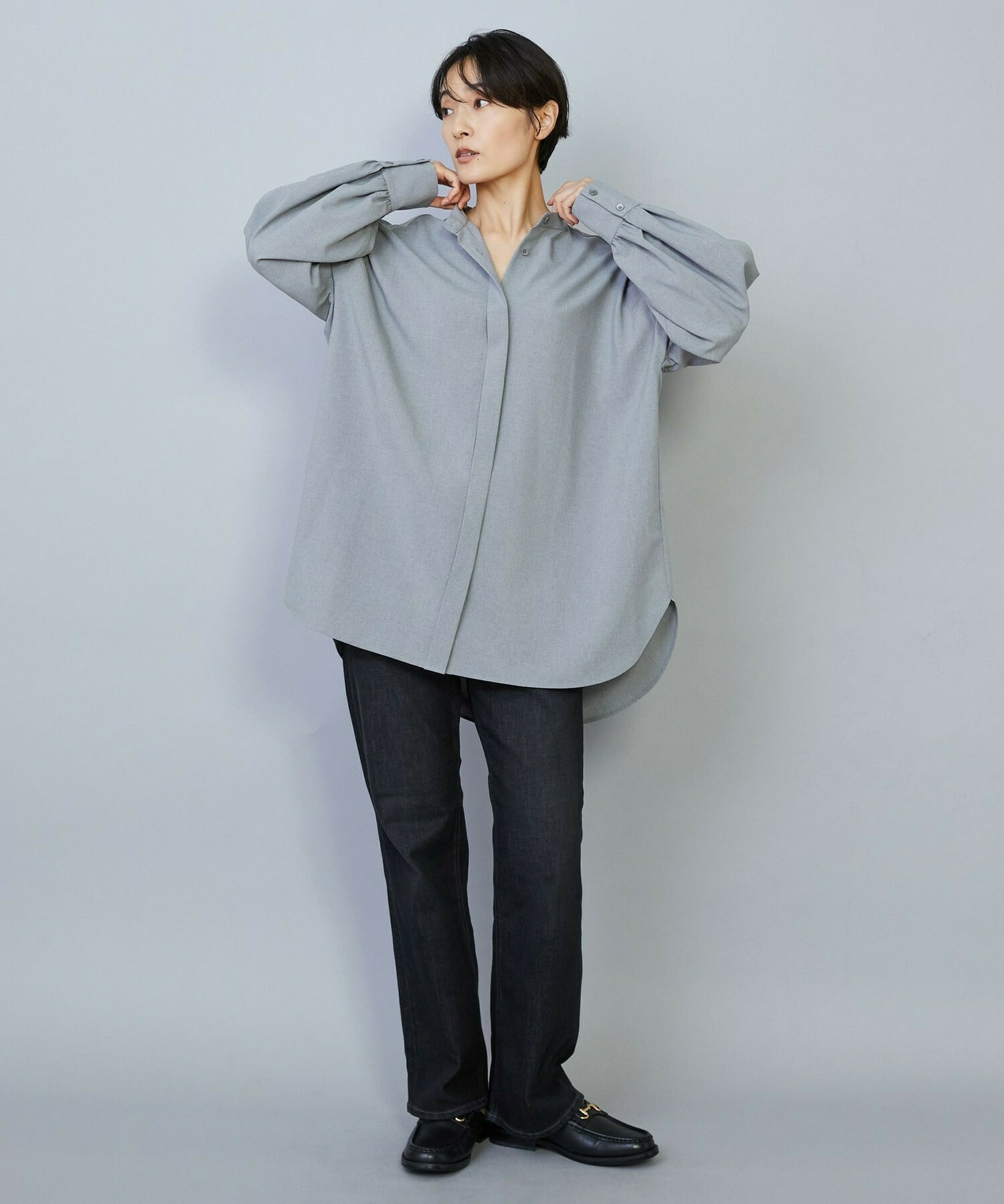 【MOGA】【Lサイズ】トロストレッチバンドカラーブラウス 詳細画像 ネイビー 9